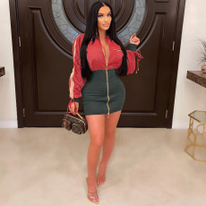 Long Sleeve Zip Colorblock Dress GWDS-220382