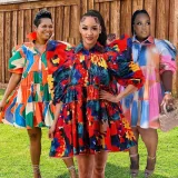 Plus Size Printed High Waist Shirt Dress WAF-77497