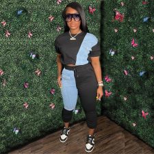 Fashion Splice Short Sleeve Two Piece Pants Set GWDS-220801
