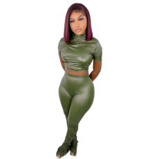 PU Leather Short Sleeve Two Piece Pants Set GWDS-211052