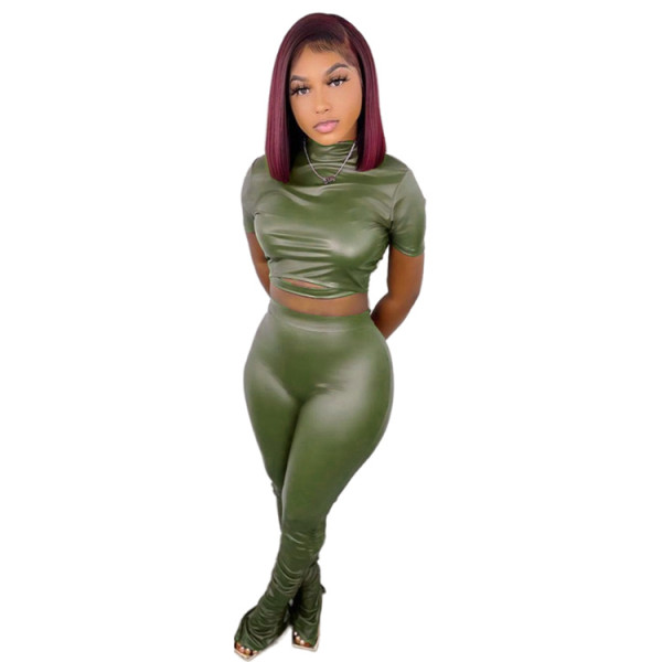 PU Leather Short Sleeve Two Piece Pants Set GWDS-211052