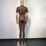 PU Leather Short Sleeve Two Piece Pants Set GWDS-211052