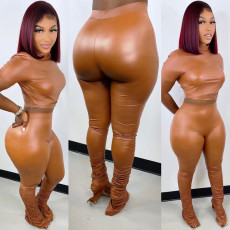 PU Leather Short Sleeve Two Piece Pants Set GWDS-211052