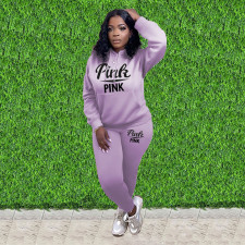Pink Letter Print Hoodies Two Piece Pants Sets MEI-9276