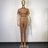 PU Leather Short Sleeve Two Piece Pants Set GWDS-211052