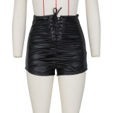PU Leather High Waist Ruched Lace-Up Shorts ZSD-0493