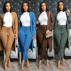 Solid Ribbed Long Cloak And Pants 2 Piece Sets LP-7120