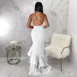 Sexy V Neck Backless Cross Strap Ruffled Maxi Evening Dress YF-10234