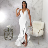 Sexy V Neck Backless Cross Strap Ruffled Maxi Evening Dress YF-10234