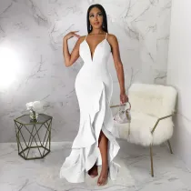 Sexy V Neck Backless Cross Strap Ruffled Maxi Evening Dress YF-10234