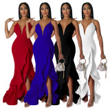 Sexy V Neck Backless Cross Strap Ruffled Maxi Evening Dress YF-10234