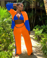 Contrast Color Patchwork Bra Top+Coat+Pants 3 Piece Sets LP-66507
