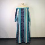 Plus Size Contrast Color Off-Shoulder Print Maxi Dress GWDS-211115