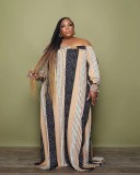Plus Size Contrast Color Off-Shoulder Print Maxi Dress GWDS-211115