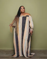 Plus Size Contrast Color Off-Shoulder Print Maxi Dress GWDS-211115