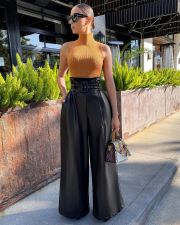 Fashion High Waist PU Leather Wide Leg Pants GWDS-211025