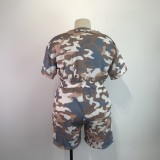 Plus Size Camouflage Print Short Sleeve Shorts 2 Piece Set GWDS-210415