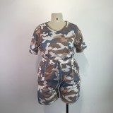 Plus Size Camouflage Print Short Sleeve Shorts 2 Piece Set GWDS-210415