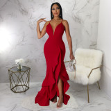 Sexy V Neck Backless Cross Strap Ruffled Maxi Evening Dress YF-10234
