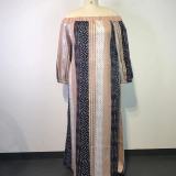 Plus Size Contrast Color Off-Shoulder Print Maxi Dress GWDS-211115
