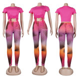 Casual Drawstring T Shirt+Printed Pants 2 Piece Sets FSXF-F361