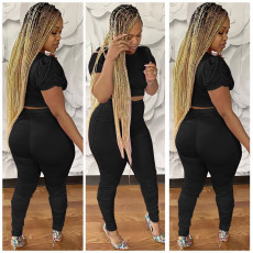 Solid Puff Sleeve Stacked Pants 2 Piece Sets LSD-8741