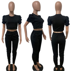 Solid Puff Sleeve Stacked Pants 2 Piece Sets LSD-8741