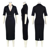 Solid Half Sleeve V Neck Slim Midi Dress With Belt ASL-6601