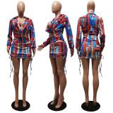Sexy Printed Drawstring Long Sleeve Mini Dress CM-8632