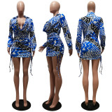 Sexy Printed Drawstring Long Sleeve Mini Dress CM-8632