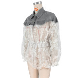 Sexy Denim Lace Patchwork Drawstring Long Sleeve Shirt ZSD-0497