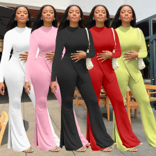 Solid Split Long Sleeve Top Flared Pants 2 Piece Sets FSL-F199