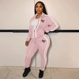 Pink Letter Print Zipper Coat And Pants 2 Piece Sets XMF-159