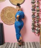 Denim Short Sleeve Zipper Sashes Jeans Jumpsuit LX-6945