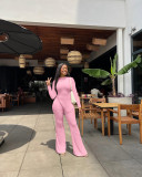 Solid Split Long Sleeve Top Flared Pants 2 Piece Sets FSL-F199