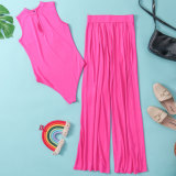 Solid Sleeveless Bodysuit Wide Leg Pants Two Piece Sets FSXF-F328