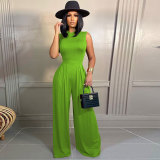 Solid Sleeveless Bodysuit Wide Leg Pants Two Piece Sets FSXF-F328