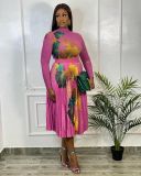 Sexy Printed Long Sleeve Top+High Waist Pleated Skirt 2 Piece Sets OY-6381