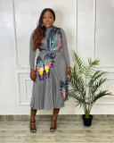 Sexy Printed Long Sleeve Top+High Waist Pleated Skirt 2 Piece Sets OY-6381
