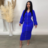 Solid Long Sleeve Zipper Maxi Dress TE-4466
