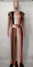 Stripe Print Short Sleeve Two Piece Pants Sets NK-8622