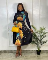 Sexy Printed Long Sleeve Top+High Waist Pleated Skirt 2 Piece Sets OY-6381