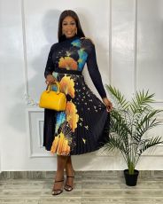 Sexy Printed Long Sleeve Top+High Waist Pleated Skirt 2 Piece Sets OY-6381