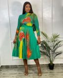 Sexy Printed Long Sleeve Top+High Waist Pleated Skirt 2 Piece Sets OY-6381