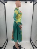 Sexy Printed Long Sleeve Top+High Waist Pleated Skirt 2 Piece Sets OY-6381