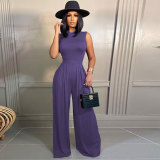Solid Sleeveless Bodysuit Wide Leg Pants Two Piece Sets FSXF-F328