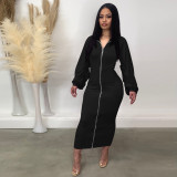 Solid Long Sleeve Zipper Maxi Dress TE-4466