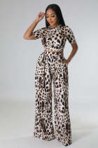 Leopard Print Short Sleeve Wide Leg Pants 2 Piece Sets XMY-9388