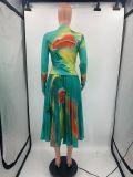 Sexy Printed Long Sleeve Top+High Waist Pleated Skirt 2 Piece Sets OY-6381