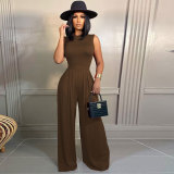 Solid Sleeveless Bodysuit Wide Leg Pants Two Piece Sets FSXF-F328
